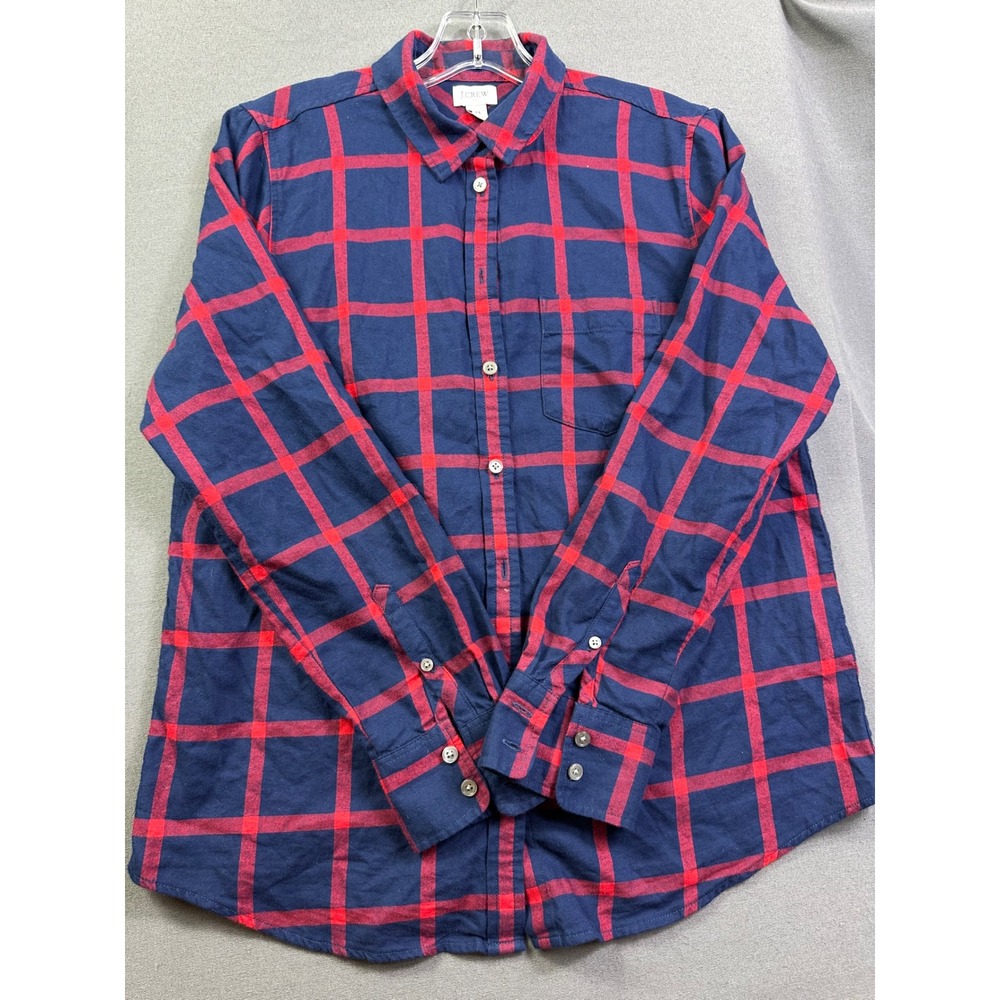 J.Crew Women's Navy‎ Blue Red Windowpane Plaid Cotton Button Down Shirt Large